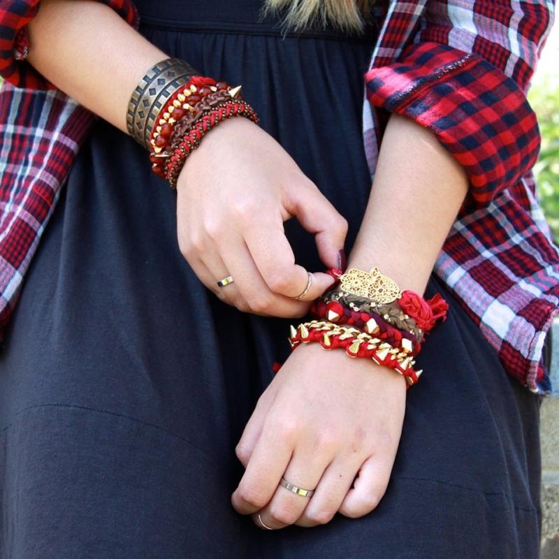 Gold Hamsa and Vintage Ribbon Bracelet