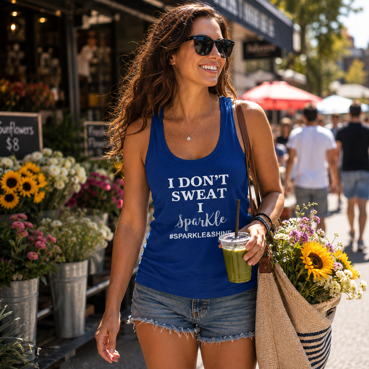 I Don't Sweat I Sparkle Womens Blue Tank